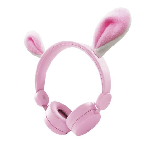 Auscultadores KidyWolf KidyEars cor-de-rosa com orelhas de coelho magnéticas, vistos de lado, flutuando sobre fundo branco.
