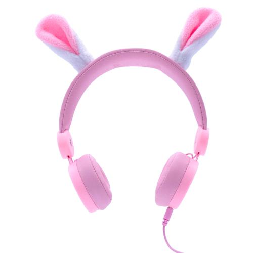 Auscultadores KidyWolf KidyEars cor-de-rosa com orelhas de coelho magnéticas, vistos de frente, com o cabo visível, sobre fundo branco.