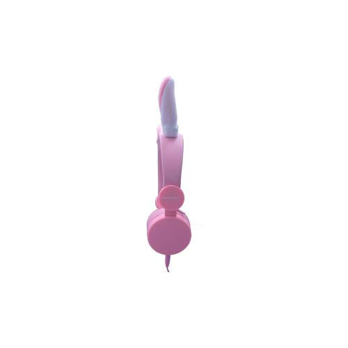 Auscultadores KidyWolf KidyEars cor-de-rosa com orelhas de coelho, vistos de perfil, sobre fundo branco.