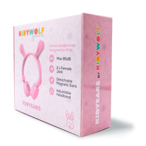 Caixa dos auscultadores KidyWolf KidyEars cor-de-rosa, vista em ângulo, destacando a marca e as características do produto.