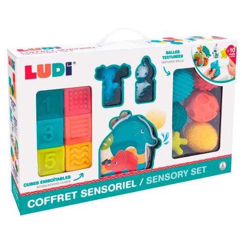 Embalagem do Ludi Kit Sensorial, mostrando os cubos de empilhar, bolas sensoriais e livro de banho com tema da Savana.