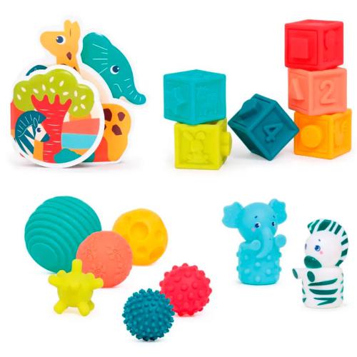 Componentes do Ludi Kit Sensorial dispostos: cubos de empilhar, bolas sensoriais texturizadas e livro de banho com animais esguichadores.