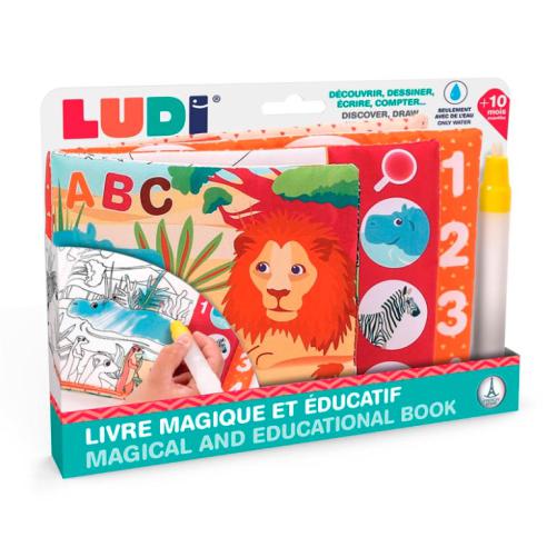 Ludi Livro de Banho Mágico Savana na embalagem, mostrando o livro colorido e a caneta de água.