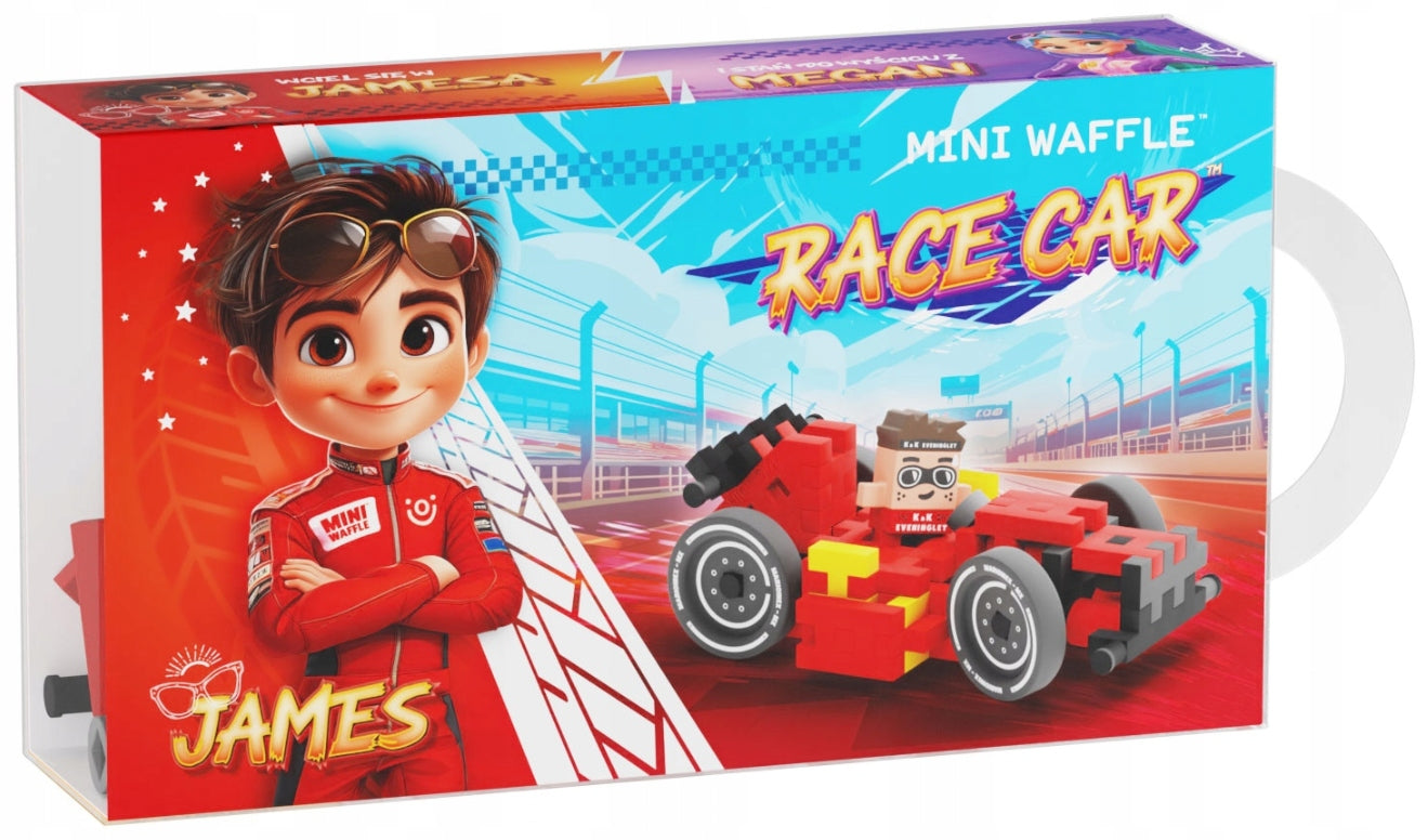 Embalagem do conjunto Marioinex Mini Waffle Race Car James, mostrando o carro montado e uma ilustração do piloto James em primeiro plano.