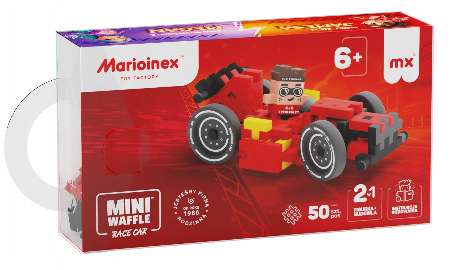 Parte de trás da embalagem do Marioinex Mini Waffle Race Car James, destacando o número de peças (50), a inclusão da figura e a idade recomendada (6+).