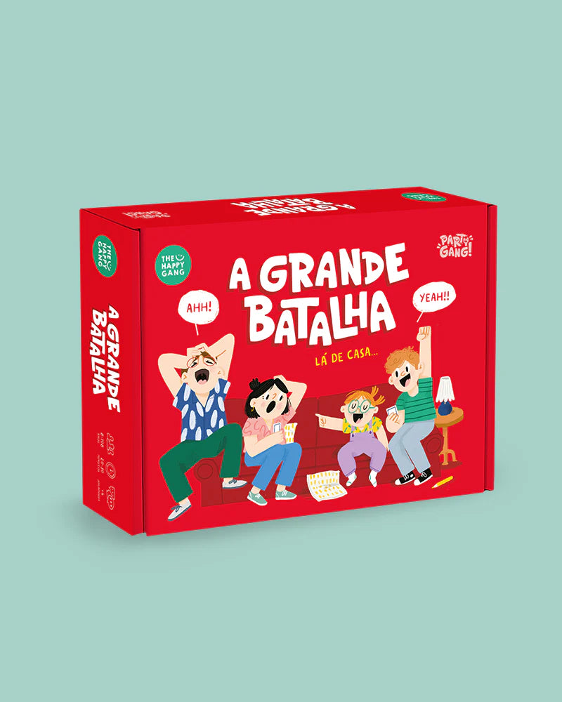 Caixa do jogo de tabuleiro "THE HAPPY GANG - Party Gang - A Grande Batalha" em vermelho vivo, com uma ilustração de uma família a rir e a jogar no sofá, com balões de fala como "AHH!" e "YEAH!".