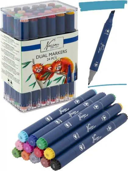 Imagem mostrando um marcador individual de ponta dupla Nassau e vários marcadores soltos, com a caixa de 24 unidades ao fundo.