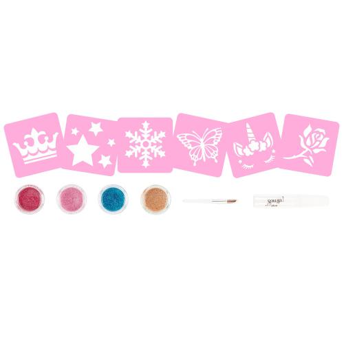 Conteúdo detalhado do Souza Kit de Tatuagens com glitter, incluindo 6 stencils cor-de-rosa, 4 potes de glitter colorido, um pincel e um adesivo.
