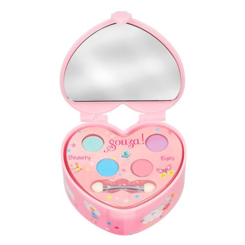 Souza Set Beleza Coração aberto, mostrando espelho, quatro sombras de olhos coloridas e aplicador, com decoração de fadas.