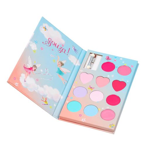 Kit de maquilhagem infantil Souza Elf aberto, mostrando uma paleta de sombras e brilhos labiais em tons rosa, roxo e azul, com aplicadores, dentro de uma caixa em forma de livro ilustrada com fadas.
