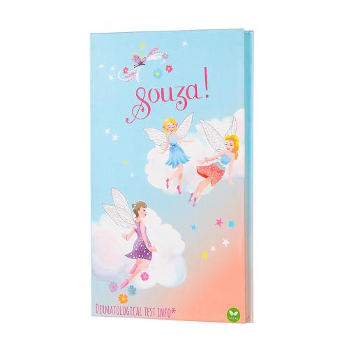 Kit de maquilhagem infantil Souza Elf fechado, em formato de livro, com capa ilustrada com três fadas coloridas, nuvens e estrelas, indicando "Souza!" e informações de teste dermatológico.