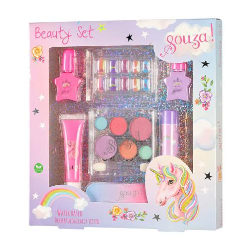 Souza Set Beleza Unicórnio em caixa colorida, mostrando paleta de sombras, lipgloss, vernizes, lima e unhas postiças.