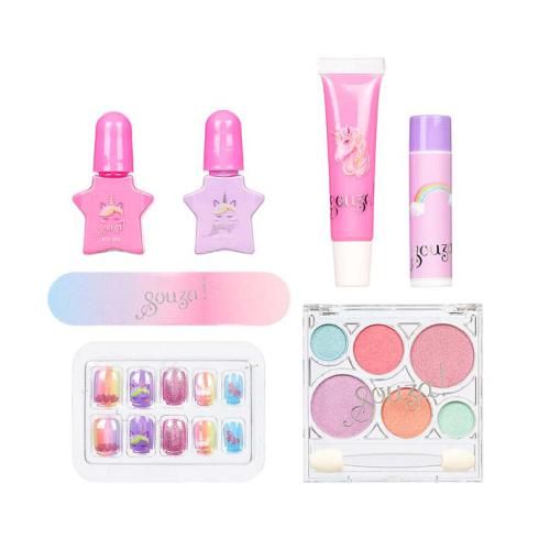 Detalhe dos componentes do Souza Set Beleza Unicórnio, incluindo vernizes, lipgloss, lipbalm, lima e unhas postiças.