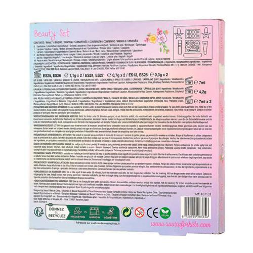 Verso da embalagem do Souza Set Beleza Unicórnio, exibindo informações sobre o produto, ingredientes e avisos de segurança em vários idiomas.