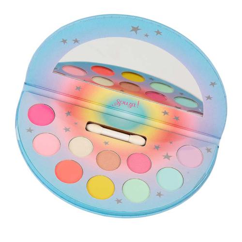Paleta de sombras Souza Unicórnio aberta, mostrando 10 cores vibrantes, um espelho e um aplicador de esponja.
