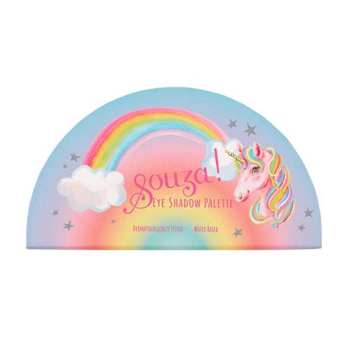 Paleta de sombras Souza Unicórnio fechada, com design de arco-íris, unicórnio e a marca "Souza!".