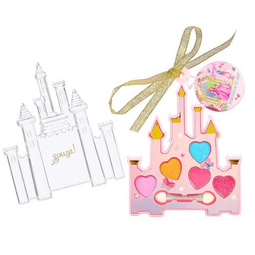 Souza Conjunto de Maquilhagem Castelo de Princesa aberto, mostrando paleta com sombras em forma de coração e lipgloss, e a caixa transparente separada.