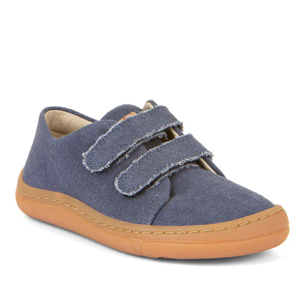 Sapatilha barefoot vegana em azul-marinho com fecho de velcro duplo. Feita de materiais ecológicos, sola antiderrapante e ajuste ergonómico para pés saudáveis.