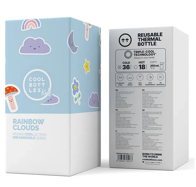 Embalagem da garrafa térmica Cool Bottles Rainbow Clouds 350ml, mostrando o design exterior e informações sobre a tecnologia Triple Cool e características principais.