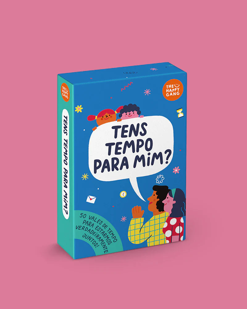 Embalagem frontal do jogo 'THE HAPPY GANG - Tens Tempo para Mim?', com o título em destaque e ilustrações infantis coloridas.