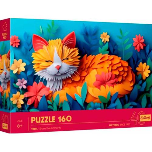 Caixa do Trefl Puzzle Efeito 3D Gato de 160 peças, com imagem vibrante de um gato laranja e branco entre flores.
