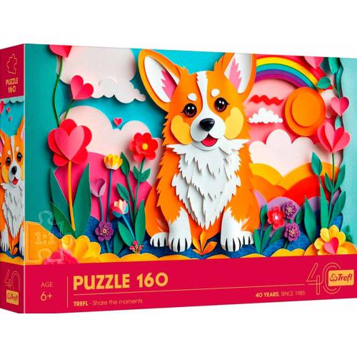 Caixa do Trefl Puzzle Efeito 3D de 160 peças, com ilustração de um cão Corgi em paisagem florida e arco-íris, destacando o efeito tridimensional.