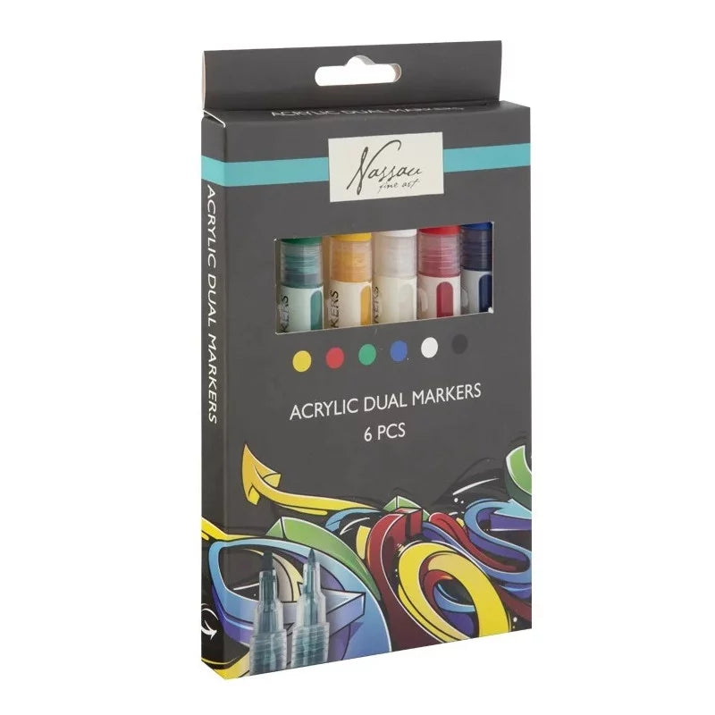 Embalagem do conjunto de 6 marcadores acrílicos Nassau da Carioca, exibindo as cores variadas e a designação "Acrylic Dual Markers".