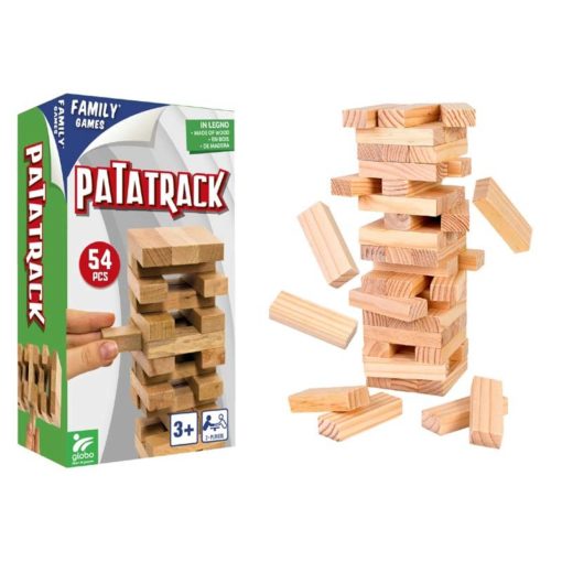 Jogo da Jenga Patatrack da AS Company com a caixa do jogo e a torre de madeira prestes a desabar.