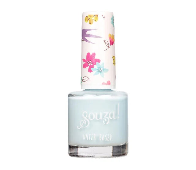 Frasco individual de Souza Verniz à base de água na cor azul pastel, com tampa decorada com padrão floral e pássaros, e a inscrição "Souza! Water Based".