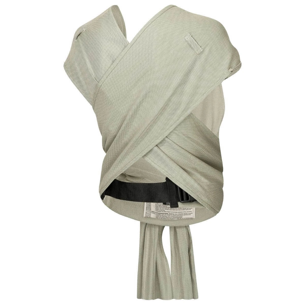 Porta-bebé HOPPEDIZ® cinza amarrado na frente, mostrando a versatilidade e o ajuste ergonómico.