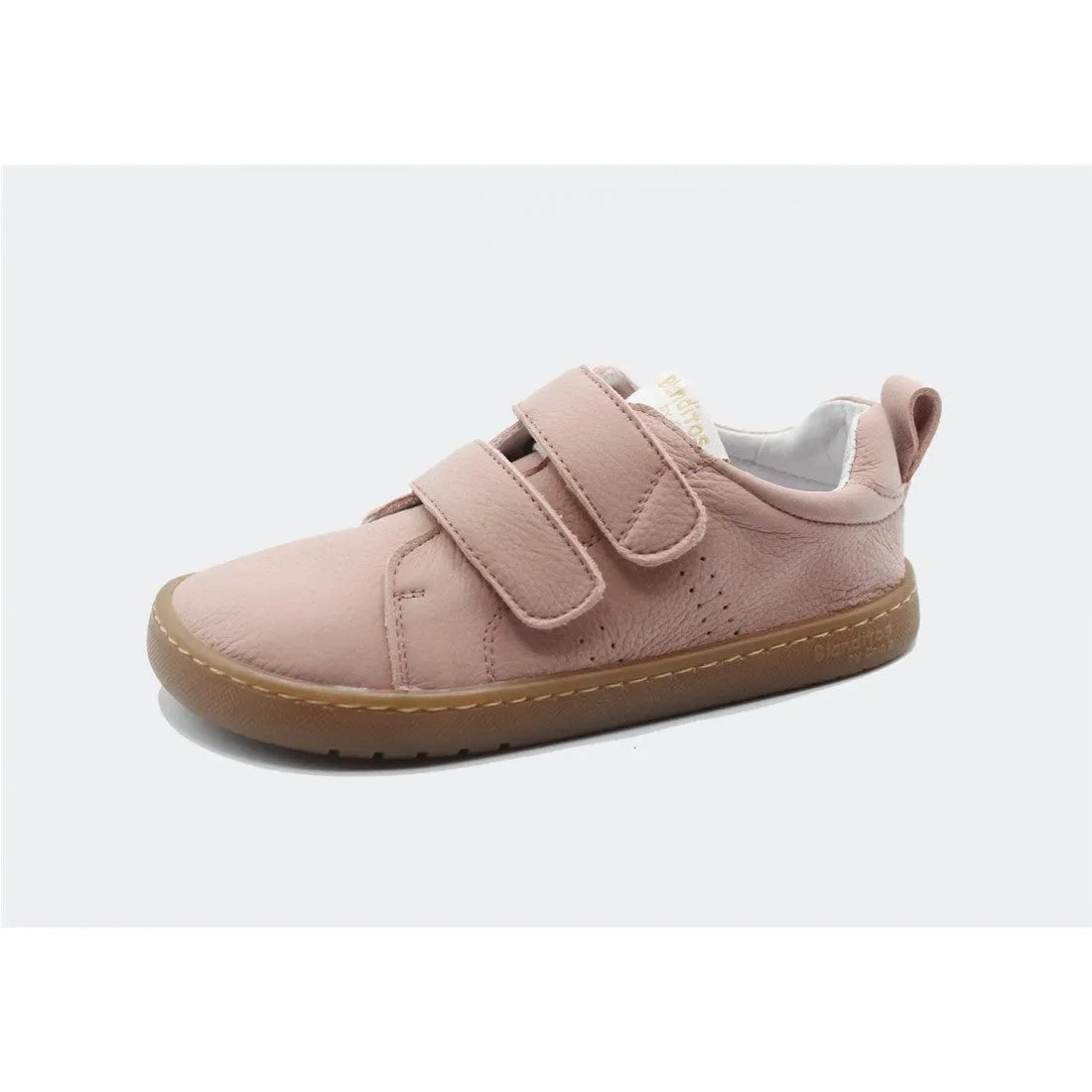 Sapatilha Blanditos Rio Rosa Claro com sola de goma castanha, vista lateral. Calçado Respeitador Barefoot infantil em pele/nubuck com duplo velcro. Calçado Barefoot.