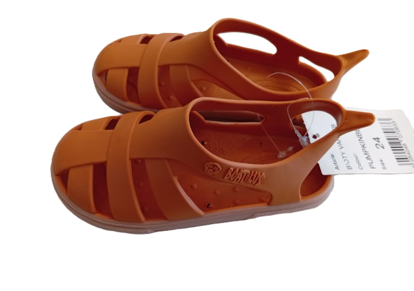 Par de sandálias barefoot Boatilus Bioty Pumpkin Laranja e Bege com etiqueta de tamanho 24.