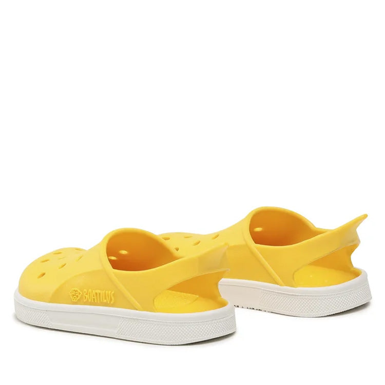 Vista traseira das sandálias Boatilus Cloggy Amarelo, mostrando a tira de calcanhar e o logótipo da marca.