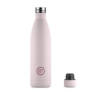 Garrafa Térmica Cool Bottles Pastel Pink 750ml com tampa removível, mostrando a sua construção em aço inoxidável durável.