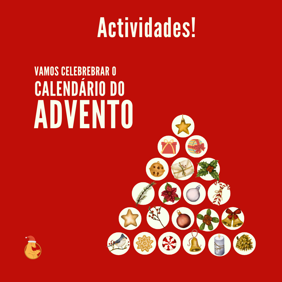 Ilustração de um calendário do advento com atividades natalícias para crianças, perfeito para celebrar o Natal em família.