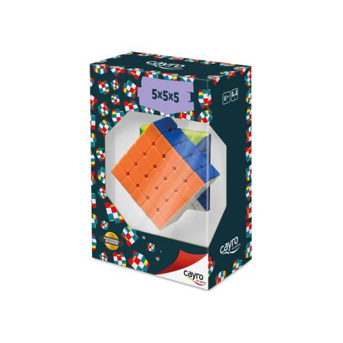 Embalagem do Cubo 5x5 Clássico da Cayro, mostrando o cubo através de uma janela na caixa decorada com padrões coloridos.