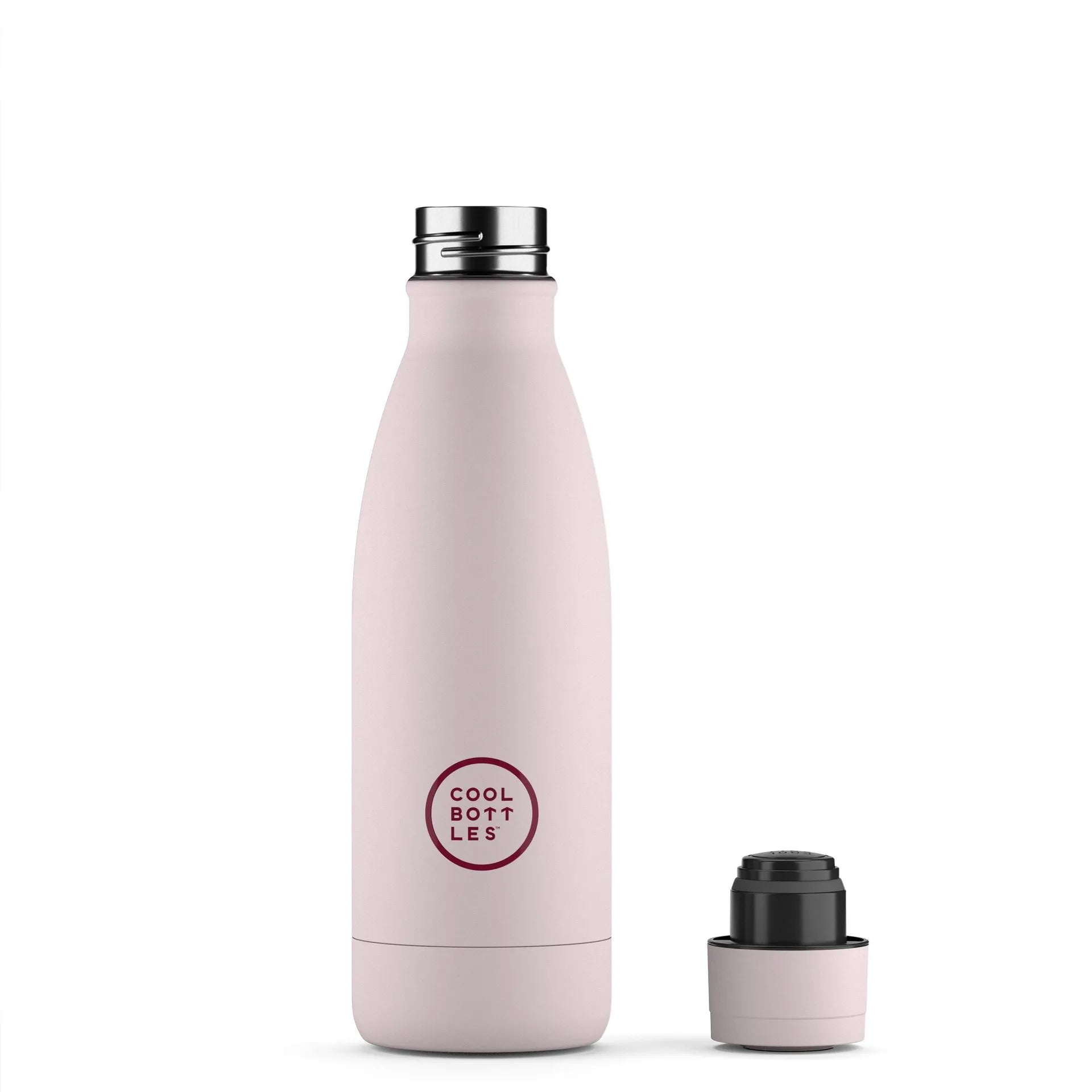 Garrafa térmica Cool Bottles de 500ml em rosa pastel, com a tampa removida e colocada ao lado, mostrando a palhinha e o interior metálico.