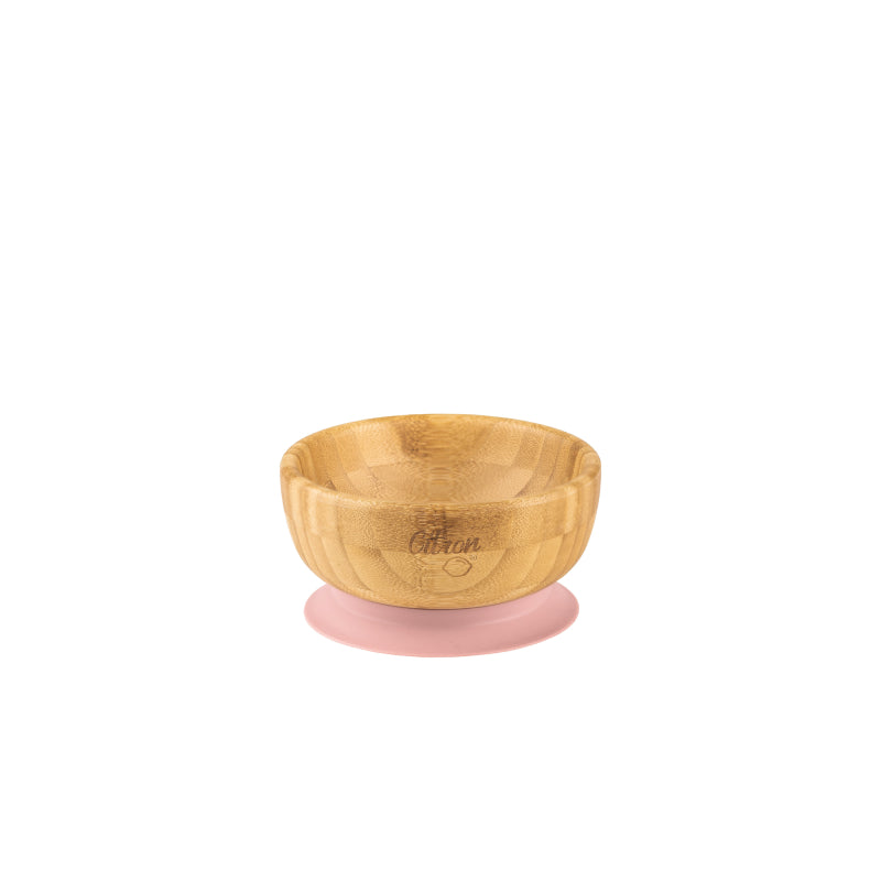 Tigela de bambu Citron com ventosa de silicone rosa, vista frontal, isolada em fundo branco.