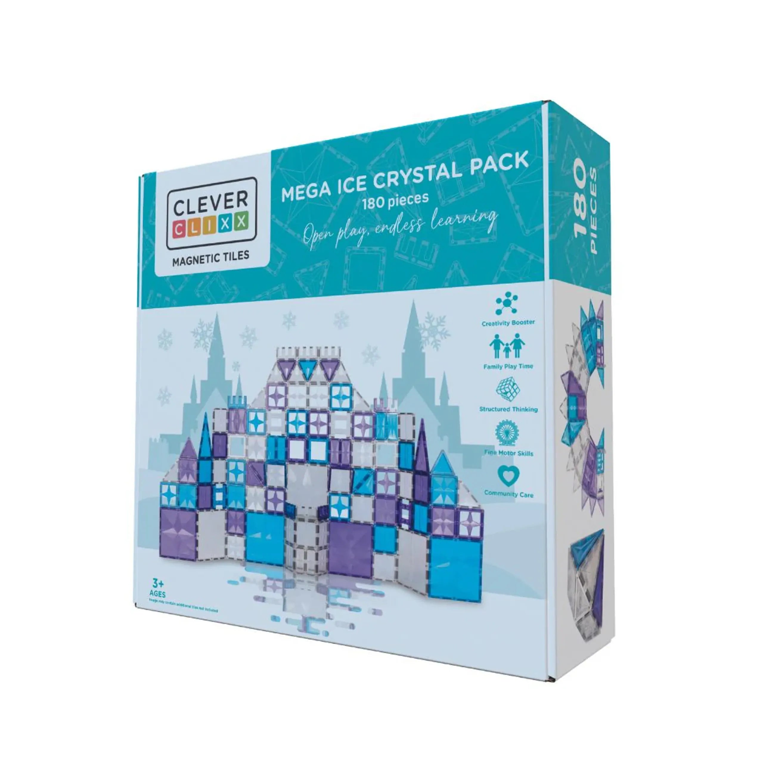 Embalagem do Clever Clixx Mega Ice Crystal Pack com 180 peças, mostrando um castelo construído e benefícios como "Creativity Booster" e "Fine Motor Skills".