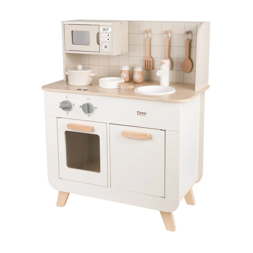 Cozinha de brinquedo Classic World completo do Chef em madeira, com todos os acessórios organizados.