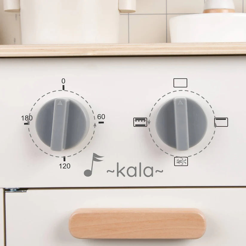 Detalhe dos botões da placa da cozinha Classic World, com marcações de temperatura e modos de cozedura e indicação de som.