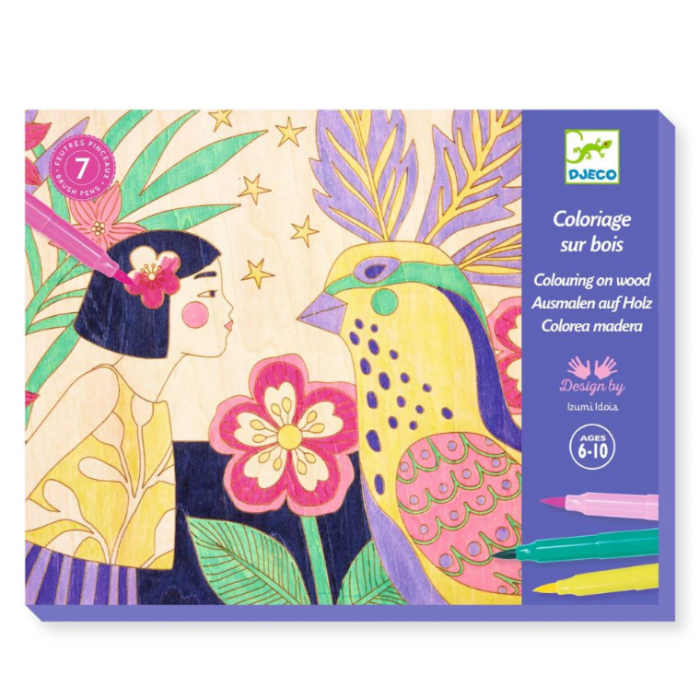 Conjunto Djeco Actividades Pinturas em madeira Meninas Doces, com ilustração colorida de uma menina e um pássaro, e indicação de 7 canetas e idade 6-10.