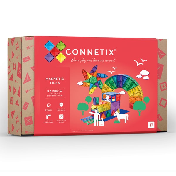 Caixa do Connetix Jogo Blocos Magnético Rainbow Mega Pack 212 peças com imagem de construção colorida.