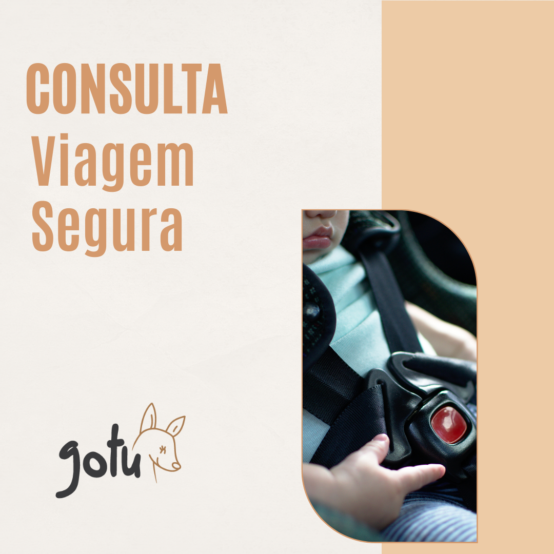 Imagem promocional da Consulta Viagem Segura Gotu, mostrando o texto do serviço e a mão de uma criança num cinto de segurança de cadeira auto.