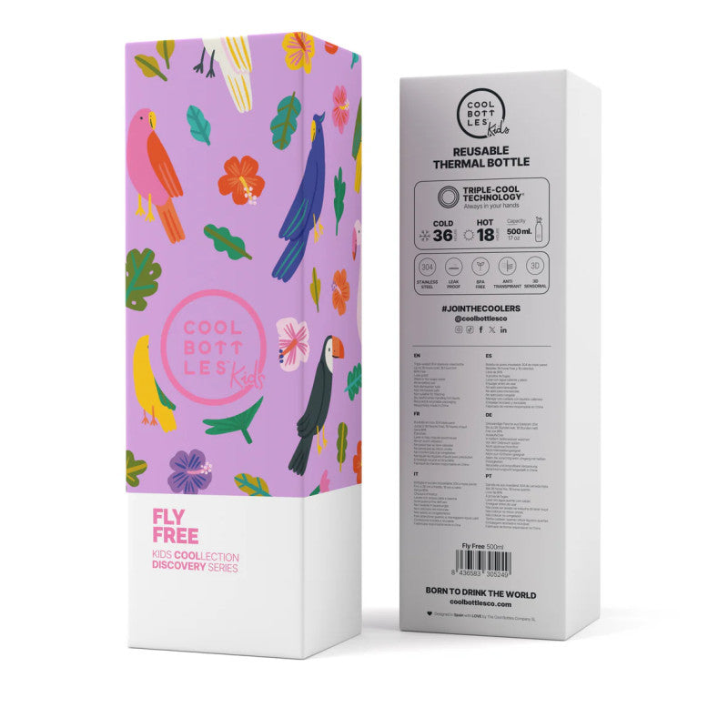 Embalagem da garrafa térmica Cool Bottles Fly Free 500ml, mostrando o design e as especificações de tecnologia Triple Cool, capacidade e materiais.