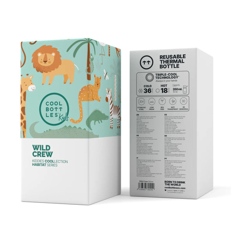 Embalagem da garrafa térmica Cool Bottles Wild Crew 350ml, mostrando o design de animais e as informações técnicas como capacidade térmica (36h frio, 18h quente) e materiais.