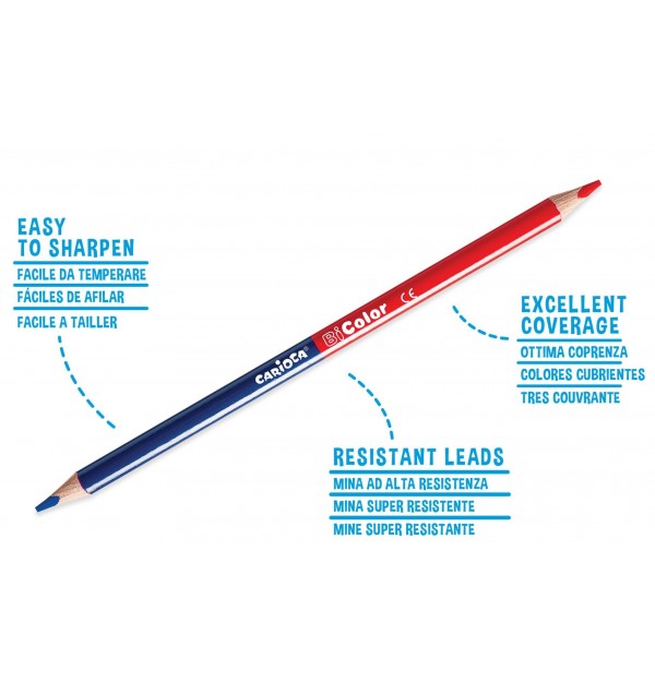 Lápis de cor duplo Carioca BiColor com anotações destacando a facilidade de afiar, cobertura e minas resistentes.
