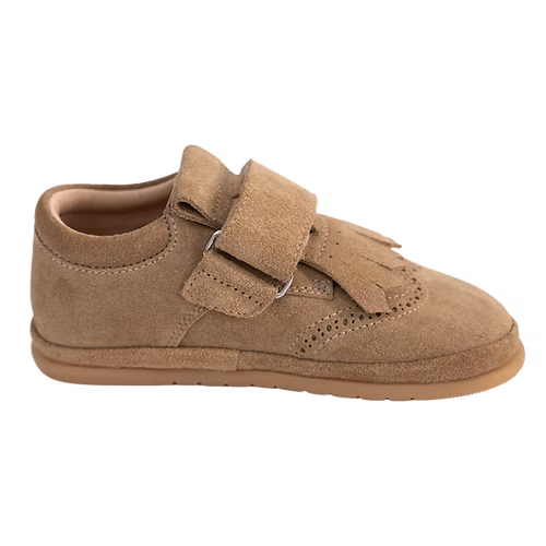 Sapatilha Rutis - Carneiras PiuPiu Areia, vista lateral esquerda, destacando os fechos de velcro e as perfurações.