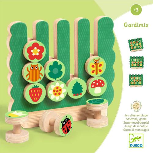 Jogo de montagem Djeco Gardimix com tabuleiro de madeira verde e peças coloridas com imagens de jardim.