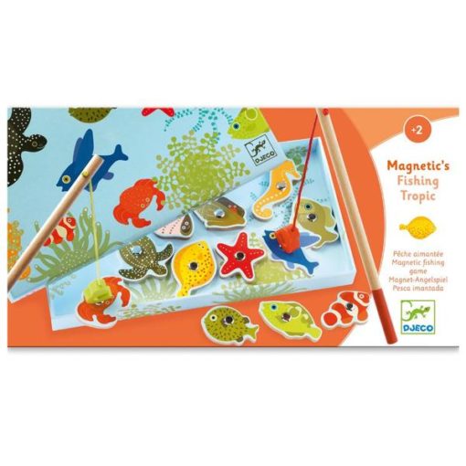 Djeco Jogo Pesca Magnético Fishing Tropic com caixa ilustrada e peixes coloridos.